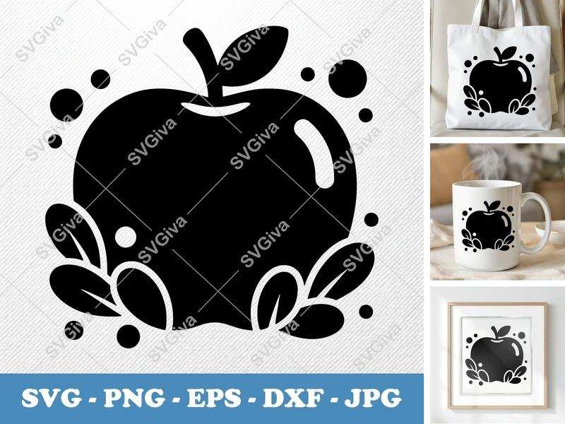 Apple SVG, Modern Fruit with Leaves | PNG EPS DXF for Cricut, Silhouette | Minimalist Food Clipart