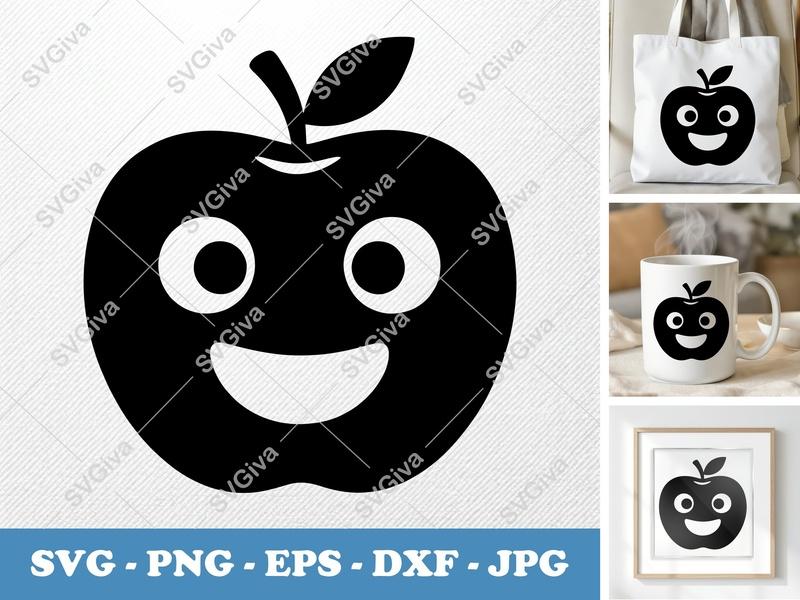 Apple SVG | Modern Happy Face Fruit Cut File | PNG EPS DXF for Cricut, Silhouette | Cute Smiling Apple Vector Art
