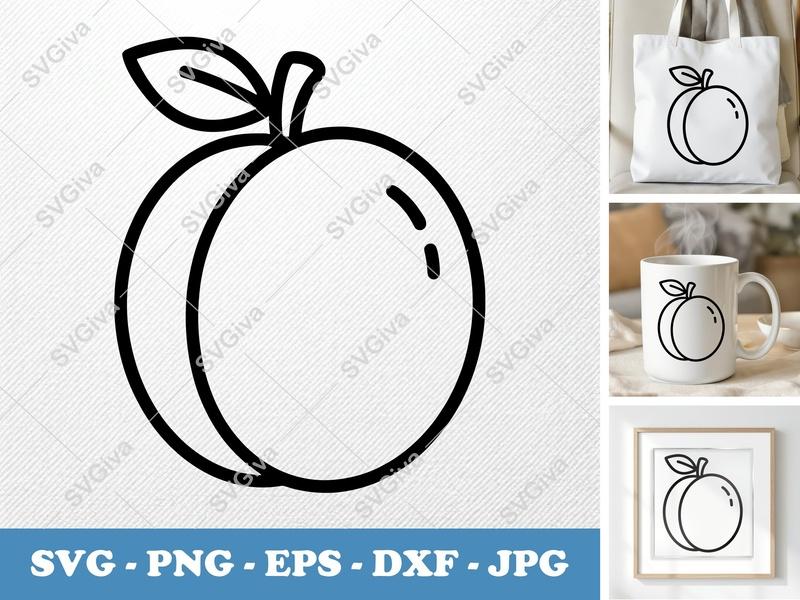 Apricot Outline SVG | Modern Fruit Clipart PNG EPS DXF | Summer Food Vector for Cricut & Silhouette, Kitchen Decor Cut File