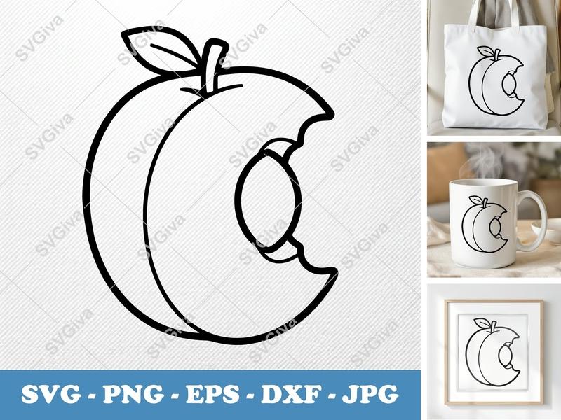 Apricot SVG Cut File, Bitten Fruit Outline, Modern Clean Design PNG EPS DXF for Cricut & Silhouette, Digital Download