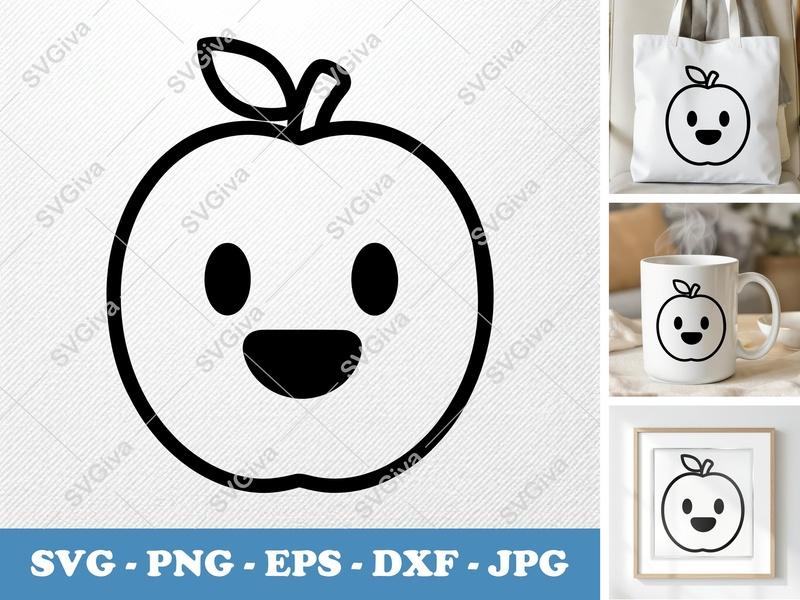 Apricot SVG, Cute Kawaii Fruit Outline, Smiley Face Clipart, PNG EPS DXF for Cricut, Silhouette, Modern Food Icon