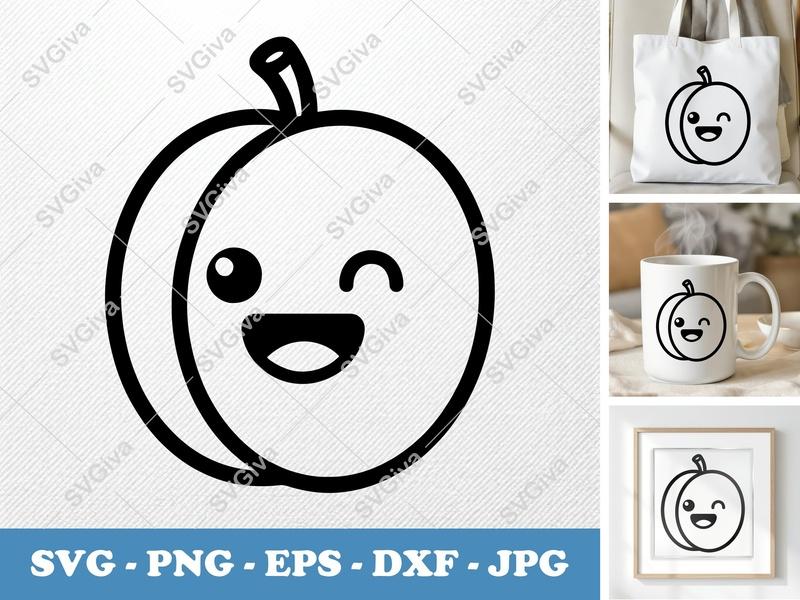 Apricot SVG, Kawaii Fruit Cut File, Cute Happy Peach Clipart, PNG EPS DXF for Cricut & Silhouette, Modern Food Design