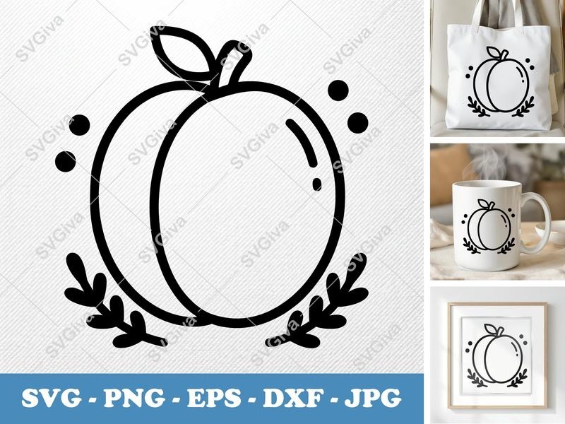Apricot SVG, Modern Fruit Clipart, Outline Design, PNG EPS DXF for Cricut | Silhouette, Minimalist Food Vector Art
