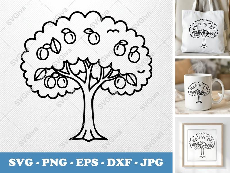 Apricot Tree alone SVG, Bold Thick Line Flat Shape, Vintage 90s Cartoon Simple Fruit Tree PNG EPS DXF for Cricut & Silhouette