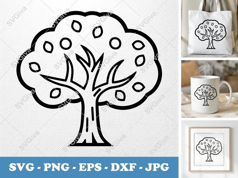 Apricot Tree alone SVG | Double Outline Fruit Tree Cut File | Basic Shapes PNG EPS DXF for Cricut, Silhouette