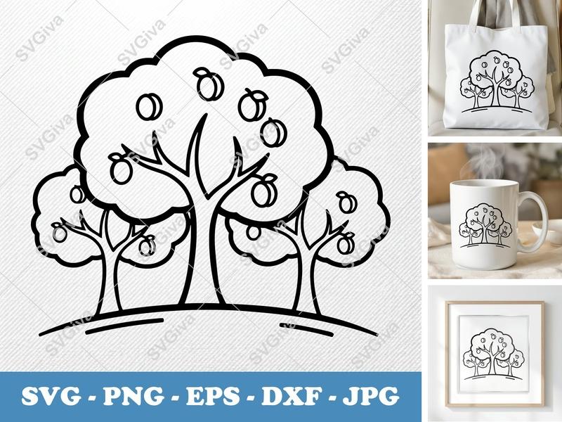 Apricot Tree in a group SVG | Bold Line Art, Flat Shape, 90s Cartoon Style | PNG EPS DXF for Cricut Silhouette