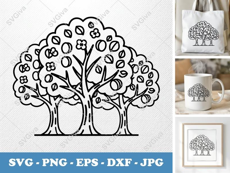 Apricot Tree in a group SVG | Bold Line Art with Fruit & Flowers | PNG EPS DXF | Cricut Silhouette | Orchard Farm Nature