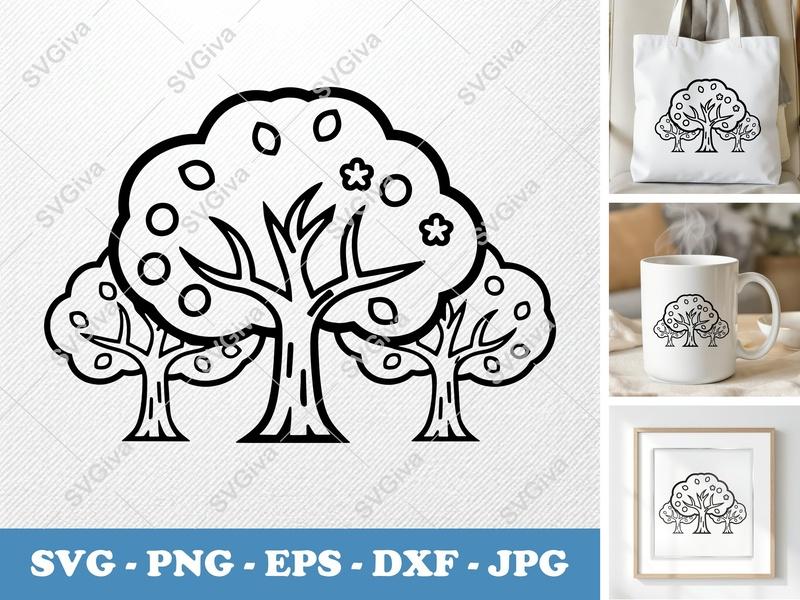 Apricot Tree in a group SVG | Double Outline Fruit Trees Cut File | PNG EPS DXF for Cricut, Silhouette, Nature Clipart