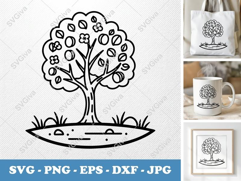 Apricot Tree on a piece of land SVG | Bold Outline Fruit Tree | Cricut Silhouette Cut File | PNG EPS DXF | Nature Clipart