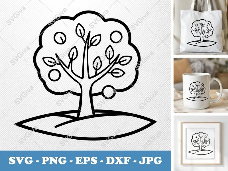 Apricot Tree on a piece of land SVG | Outline Icon, Friendly Rounded Fruit Tree PNG EPS DXF for Cricut, Silhouette