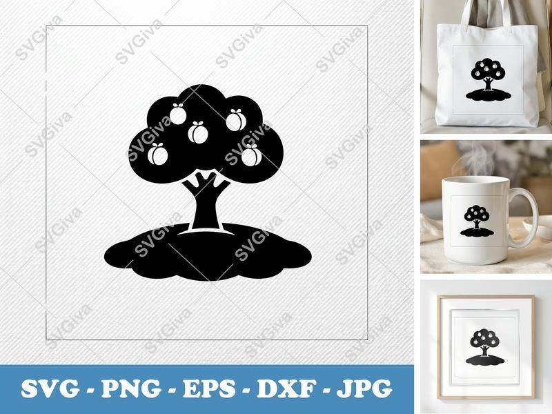 Apricot Tree on a piece of land SVG | Puffy Fruit Tree Clip Art | PNG EPS DXF for Cricut Silhouette