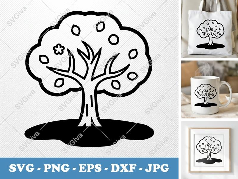 Apricot Tree SVG | Modern Fruit Tree Outline, Blossom, Leaves | PNG EPS DXF for Cricut, Silhouette, Cutting Files