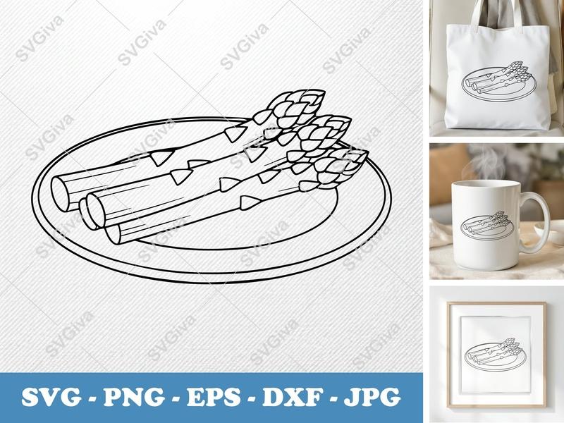 Asparagus on a Plate SVG | Minimalist Bold Contour Cut File | PNG DXF EPS | For Cricut Silhouette