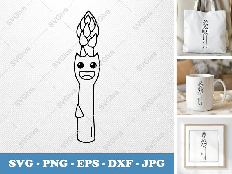 Asparagus SVG Cute Kawaii Design, Funny Vegetable Line Art | PNG EPS DXF | Cricut Silhouette Cut File
