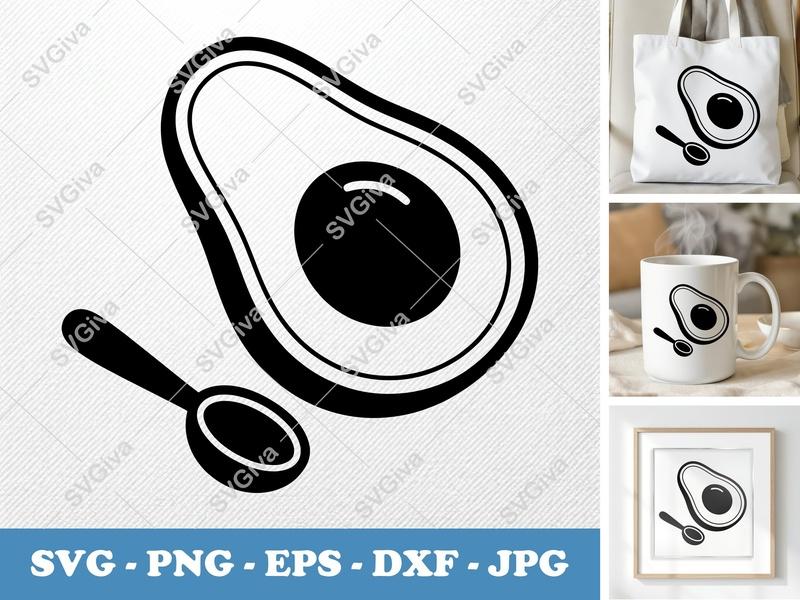 Avocado Half with Spoon SVG, PNG, DXF, EPS Files | Cricut Silhouette Cut File | Kitchen Food Vector Art