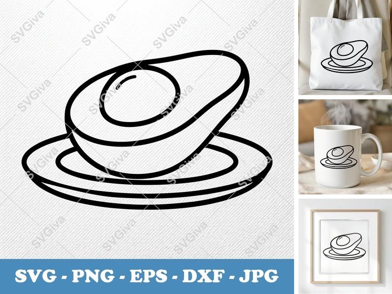 Avocado SVG Cut Half, Outline Clipart, on Plate | PNG EPS DXF | Cricut & Silhouette File, Food Line Art, Kitchen Decor