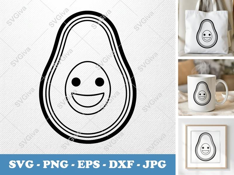 Avocado SVG, Happy Face Avocado Cut File, Outline Kawaii Fruit Clipart | PNG EPS DXF for Cricut, Silhouette