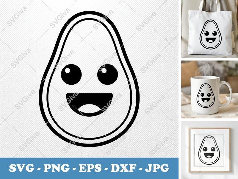 Avocado with Smiling Face SVG PNG DXF EPS | Kawaii Food Cricut Silhouette Cut File Vector