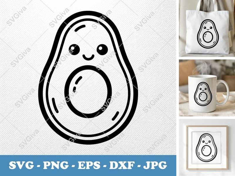 Avocado with Smiling Face SVG PNG DXF EPS | Kawaii Fruit Cut File Cricut Silhouette