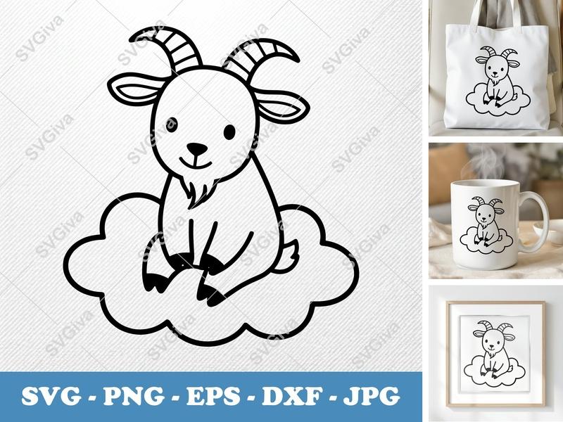 Baby Goat Cloud SVG, Farm Animal Clipart | Cute Nursery Decor PNG EPS DXF for Cricut & Silhouette
