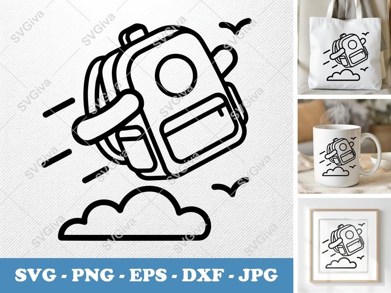 Backpack SVG, Flying Backpack with Cloud and Birds, School Bag PNG EPS DXF | Cricut Silhouette File