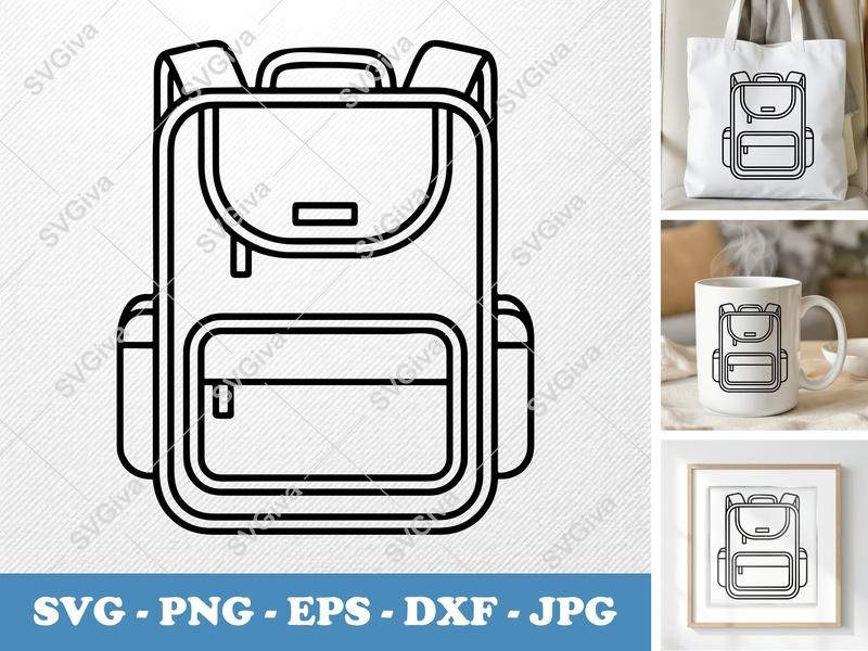 Backpack SVG, Modern Bag Cut File, School Travel Outline PNG EPS DXF for Cricut, Silhouette, Vector Clipart
