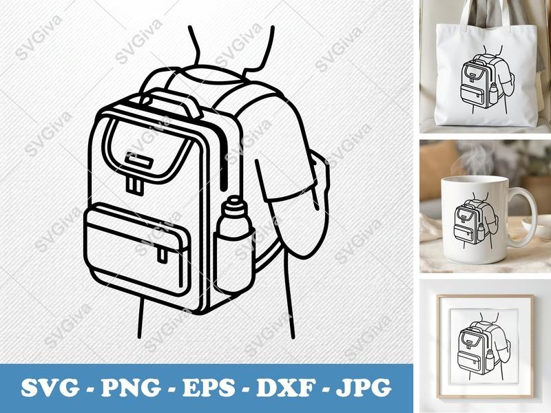 Backpack SVG, Modern Clean Design, Water Bottle, Person Carrying | PNG EPS DXF for Cricut, Silhouette