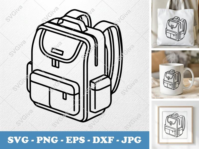 Backpack SVG, Modern Clean Lines Backpack PNG EPS DXF, School Bag Cricut Silhouette Cut File, Travel Work Backpack Vector