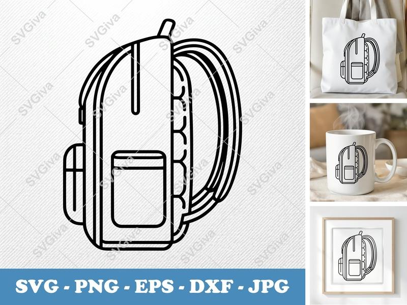 Backpack SVG, Modern Clean School Bag Line Art, PNG EPS DXF | Cricut Silhouette File, Travel Work Bag