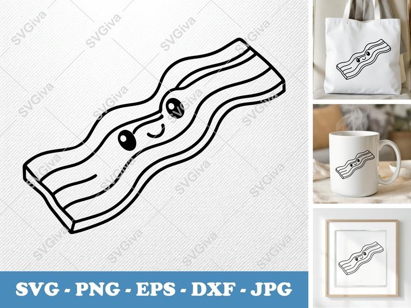 Bacon Kawaii SVG | Cute Breakfast Food PNG EPS DXF | Funny Meat Strip Outline for Cricut & Silhouette Machines