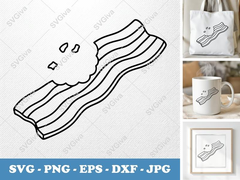 Bacon SVG, Bitten Bacon Strip Cut File, Outline Design, PNG EPS DXF for Cricut, Silhouette, Foodie Art, Breakfast Clip Art Vector