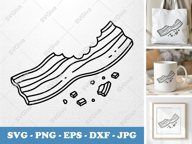 Bacon SVG, Bitten Strip Line Art with Crumbs | PNG EPS DXF | Cricut Silhouette File | Breakfast Food Clipart Vector