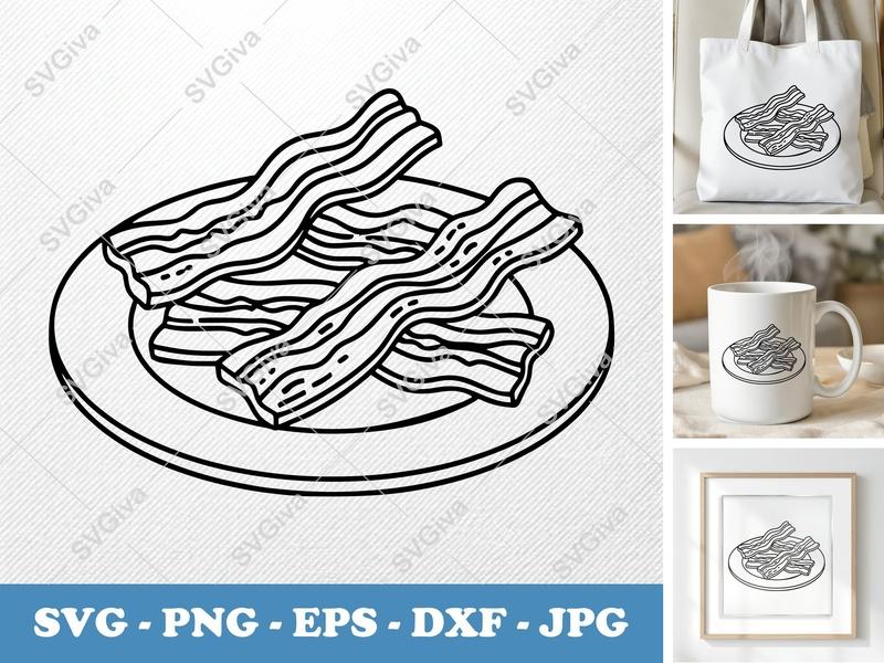 Bacon SVG, Cooked Bacon Strips on Plate, Breakfast Food Cut File | PNG EPS DXF for Cricut Silhouette