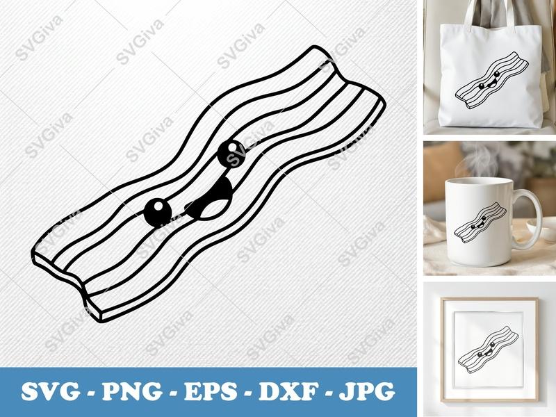 Bacon SVG, Cute Kawaii Bacon Strip Cut File, Funny Food DXF, PNG, EPS for Cricut & Silhouette, Breakfast Clipart
