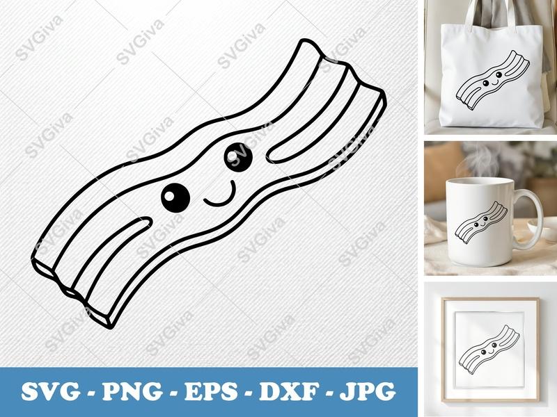 Bacon SVG, Cute Kawaii Strip with Face, Food Clipart, PNG EPS DXF for Cricut & Silhouette, Breakfast Cut File