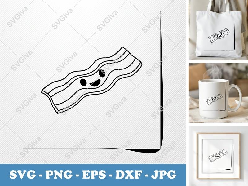 Bacon SVG, Cute Smiling Bacon Strip Cut File | Kawaii Food Clipart for Cricut & Silhouette | PNG EPS DXF Vector