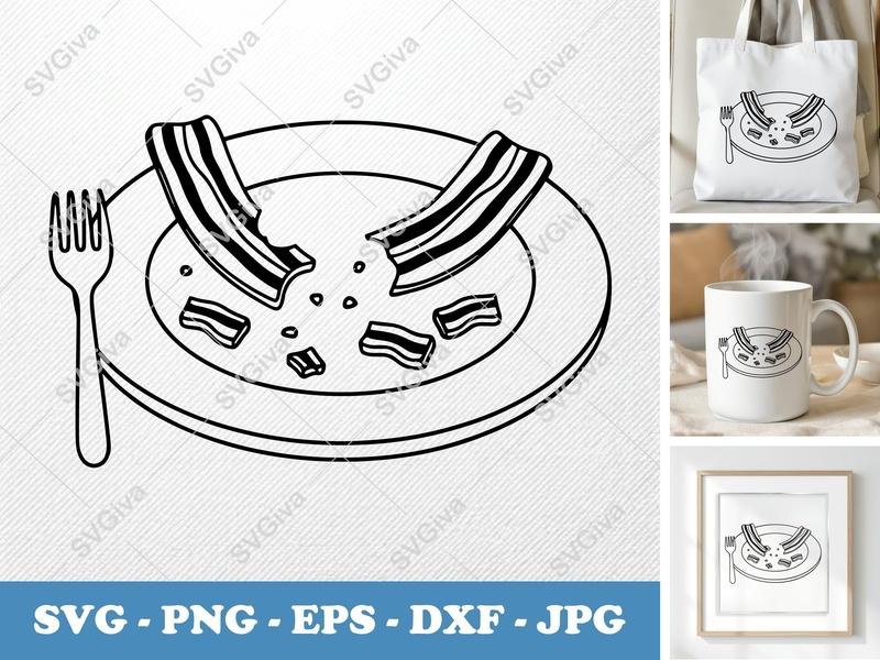 Bacon SVG, Half-Eaten Bacon Strips on Plate with Fork | PNG EPS DXF | Cricut Silhouette Cut File, Foodie Breakfast Design