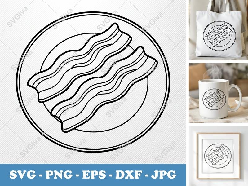 Bacon SVG, Modern Breakfast Food Outline, Plate Design | PNG EPS DXF | Cricut Silhouette Cut File