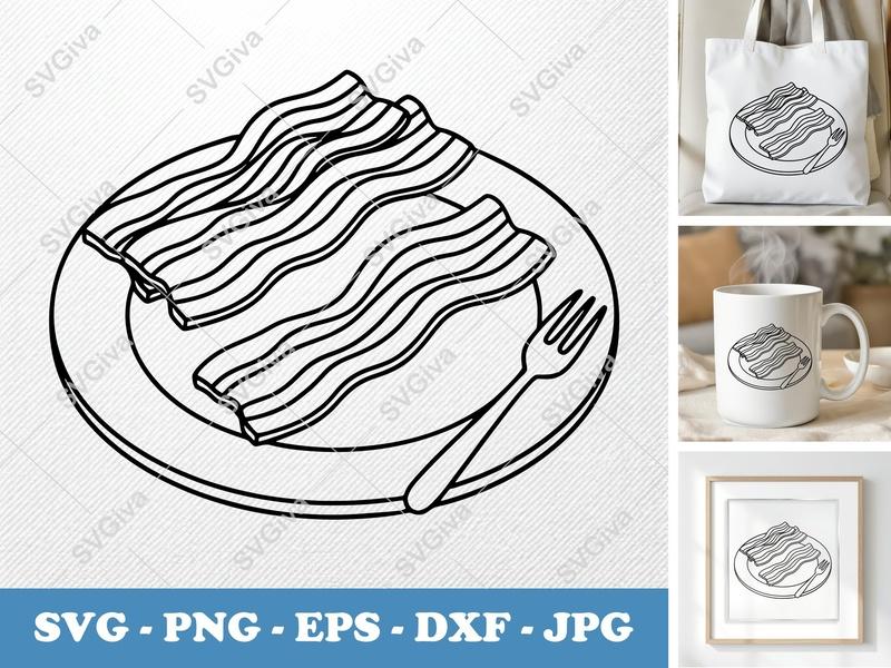 Bacon SVG, Plate and Fork Cut File | Modern Breakfast Food PNG EPS DXF for Cricut & Silhouette, Kitchen Clipart