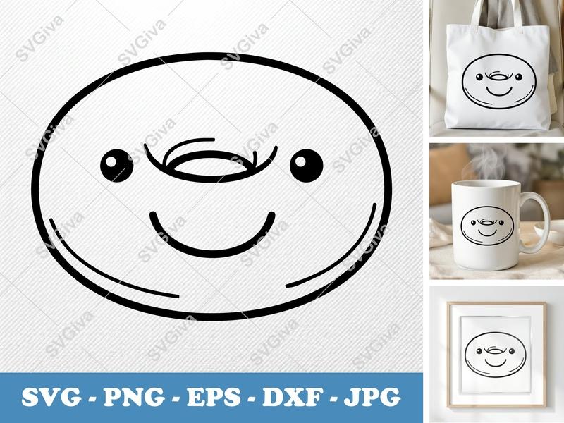 Bagel SVG, Cute Kawaii Smile Face, Modern Clean Line Art, Food Cut File for Cricut, Silhouette | PNG EPS DXF Vector