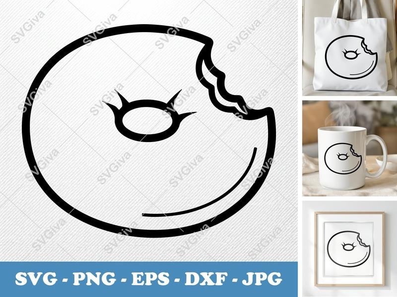 Bagel SVG, Modern Outline Bite Mark, Simple Food Cut File, PNG EPS DXF for Cricut & Silhouette, Bakery Clipart Vector