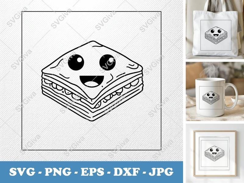 Baklava with Smiling Face SVG PNG DXF EPS | Kawaii Food Cut File for Cricut Silhouette | Dessert Graphic