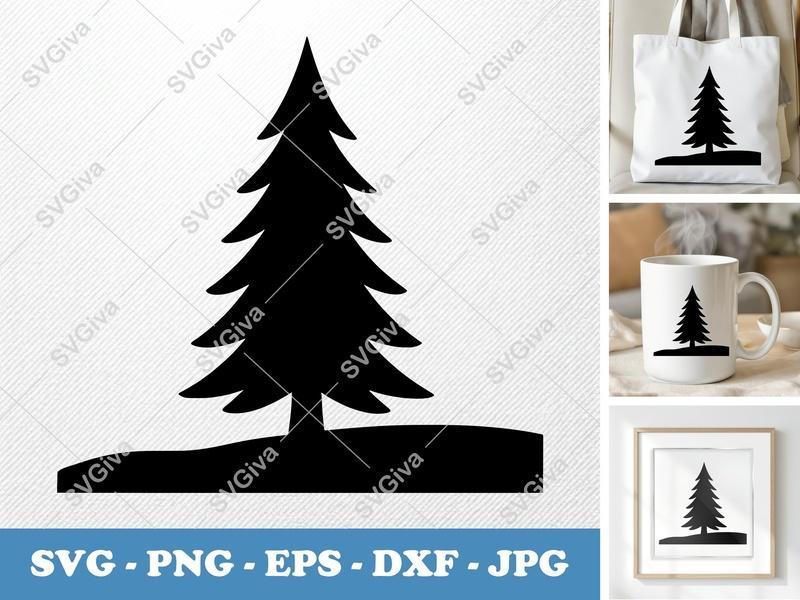 Balsam Fir on a piece of land SVG, Solid Black Tree Silhouette, Forest Pine Cut File for Cricut, Silhouette, PNG, EPS, DXF