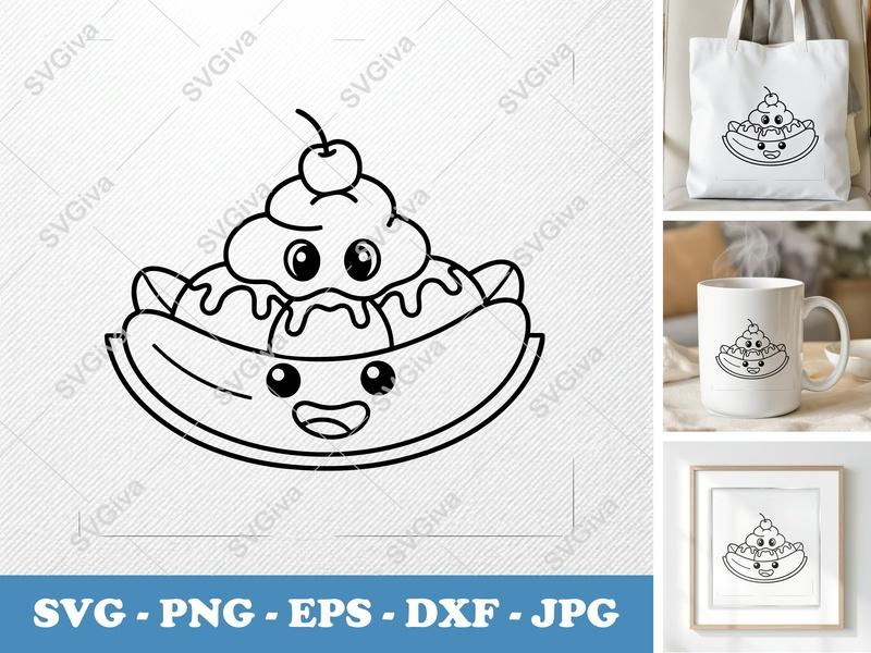 Banana Split Kawaii SVG, Cute Ice Cream Dessert SVG, PNG, EPS, DXF for Cricut & Silhouette, Sweet Food Cut File