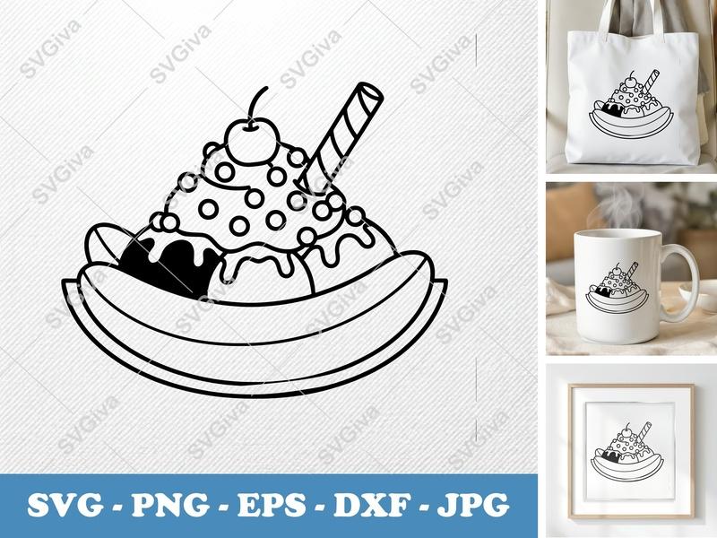 Banana Split SVG | Ice Cream Dessert, Cherry, Wafer, Sprinkles | PNG EPS DXF | Cricut Silhouette Cut File