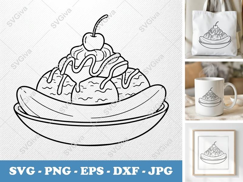 Banana Split SVG | Ice Cream Dessert Cut File | Modern Food Graphic | PNG EPS DXF for Cricut & Silhouette