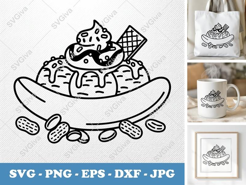 Banana Split SVG | Ice Cream Dessert Cut File | Modern Food PNG EPS DXF | Sprinkles Waffle Peanuts Cricut Silhouette