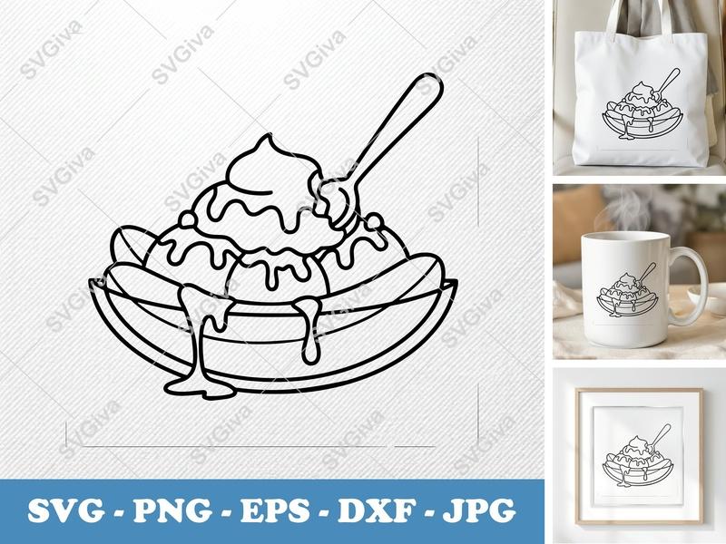 Banana Split SVG | Ice Cream Dessert Outline, Spoon, Whipped Cream, Drizzle | PNG EPS DXF for Cricut, Silhouette