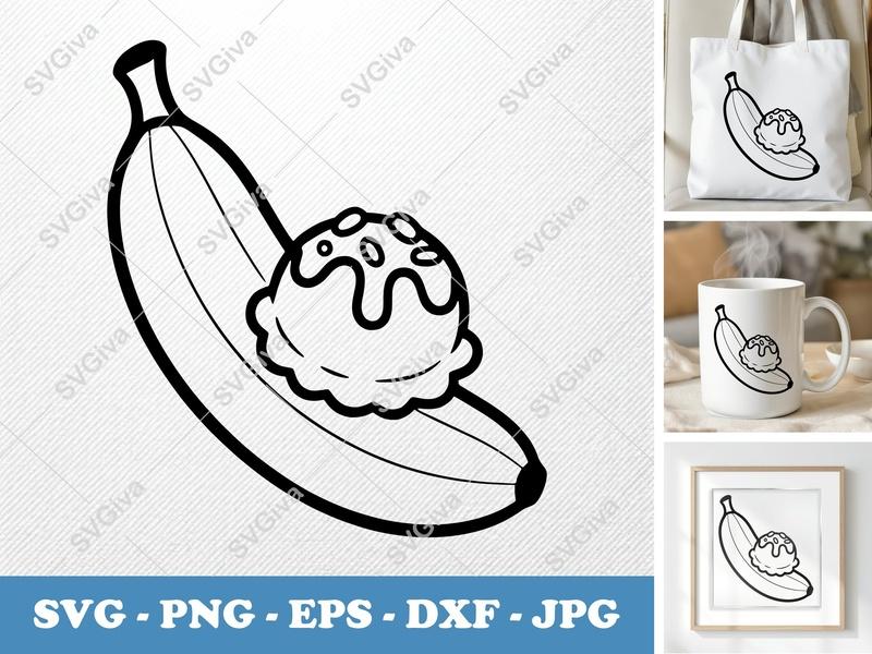 Banana Split SVG | Ice Cream Scoop Outline with Toppings | PNG EPS DXF for Cricut & Silhouette | Dessert Food Clip Art