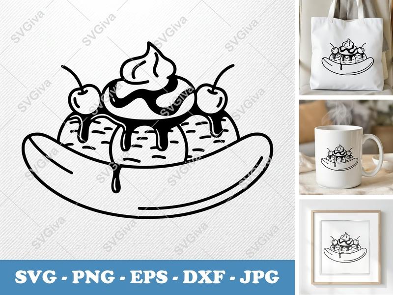 Banana Split SVG | Ice Cream Sundae, Cherries, Whipped Cream | PNG, EPS, DXF | Cricut & Silhouette Cut File